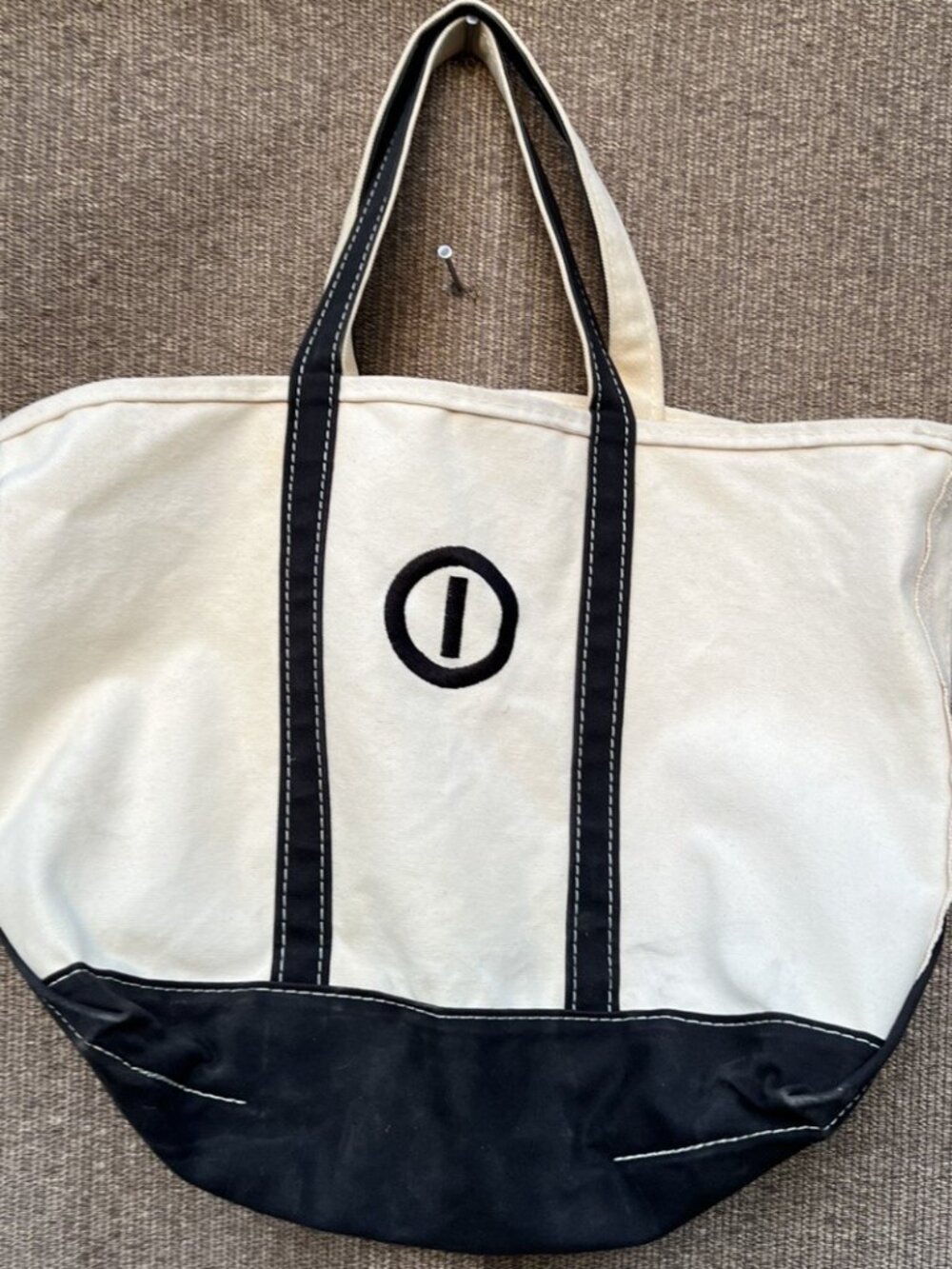 Vintage LL Bean Boat Tote Canvas Bag Cream Black Trim Large Shopper Made USA